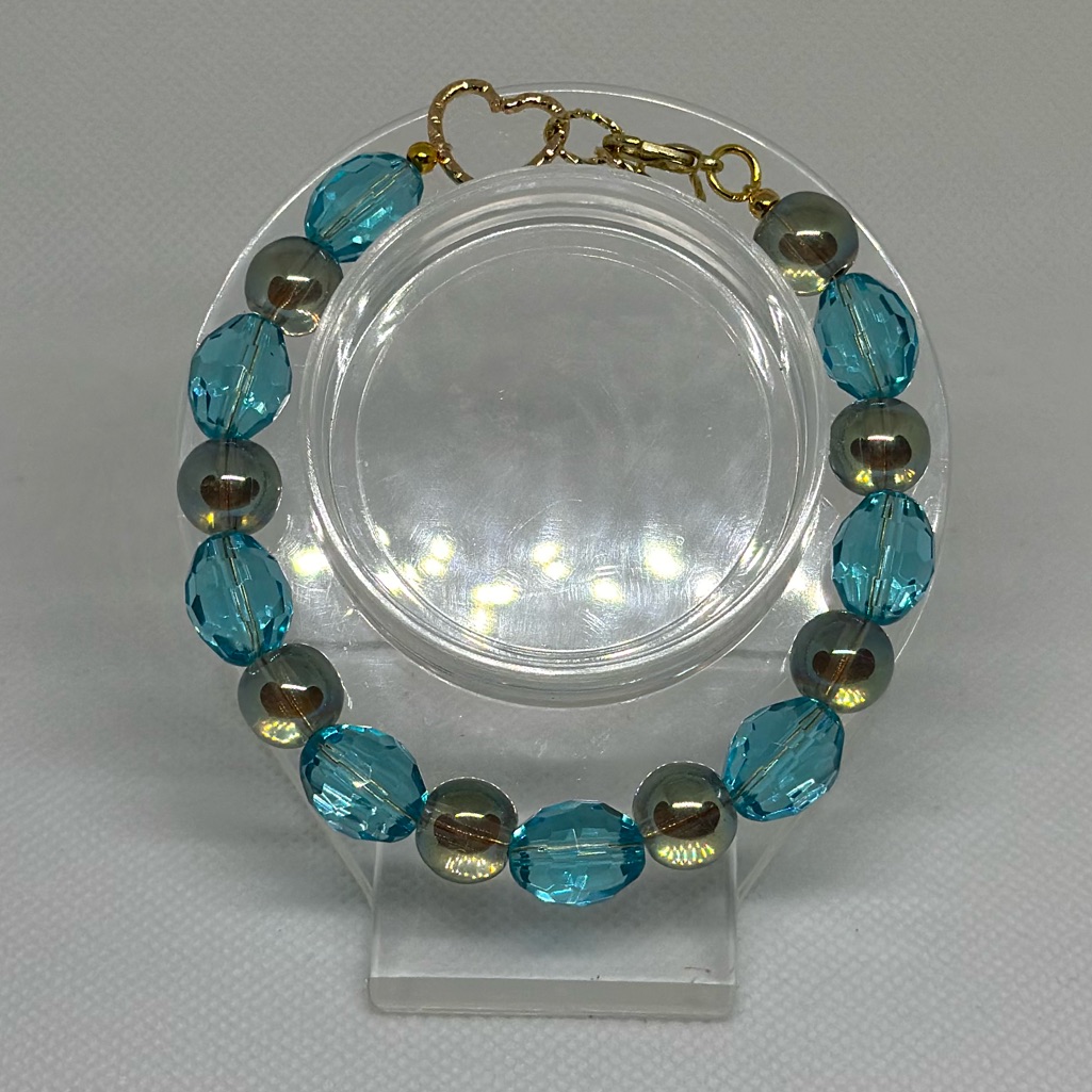 Handmade Gold Wire Bracelet With Iridescent Teal Beads 15$